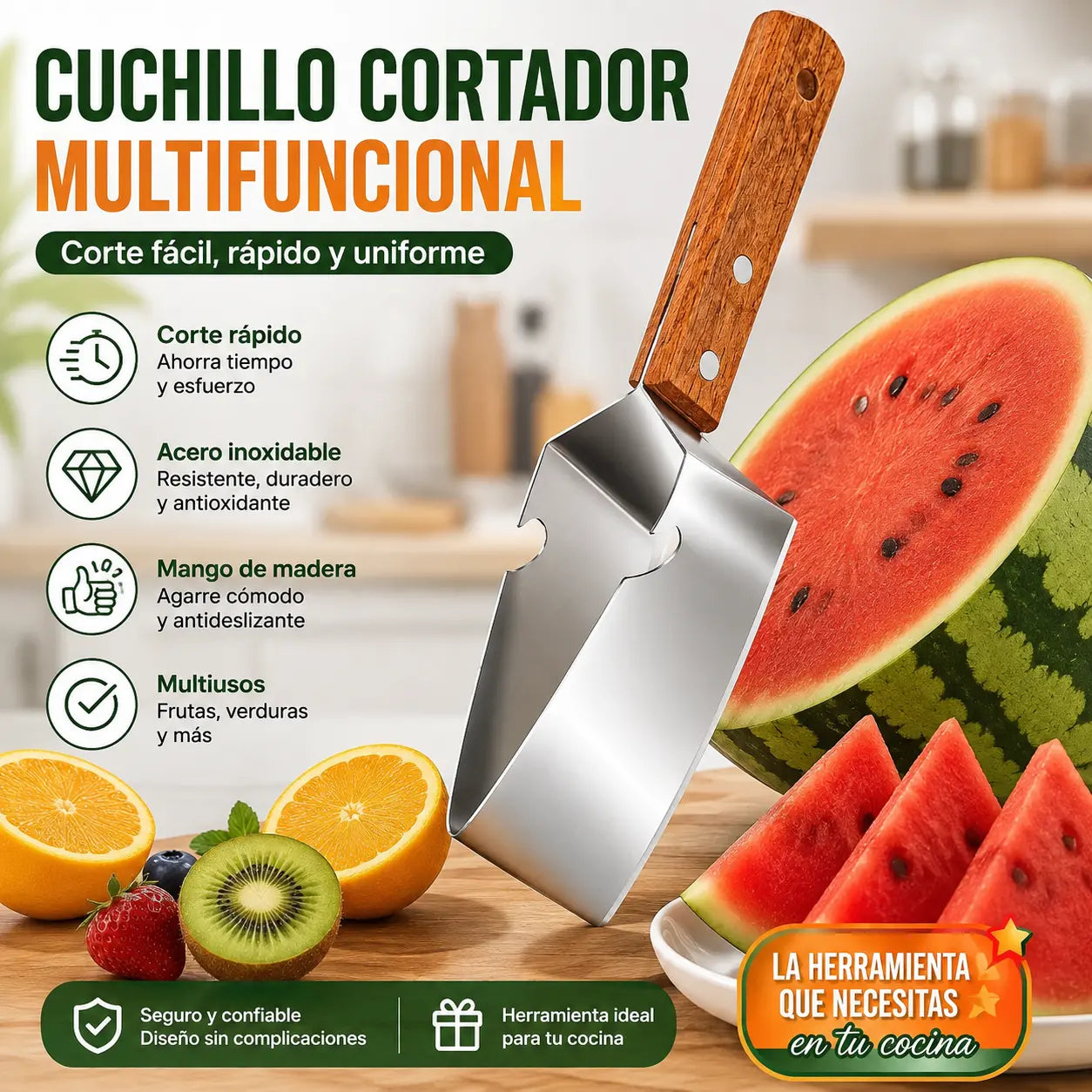 🔥2 unidades por 26 euros 🍉Cortador de sandía multifuncional de acero inoxidable — diseño triangular con función para abrir tapas de botellas✂️