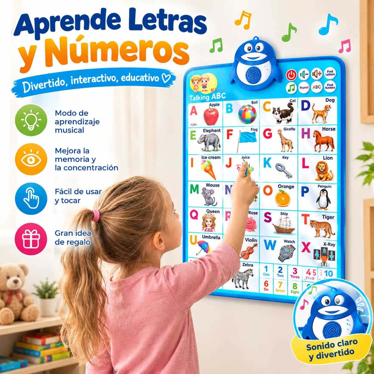 🔊 Tablas didácticas de fonética inglesa | Alfabeto con pronunciación (26 letras + números del 1 al 10 + aprendizaje temprano integral) 🎁
