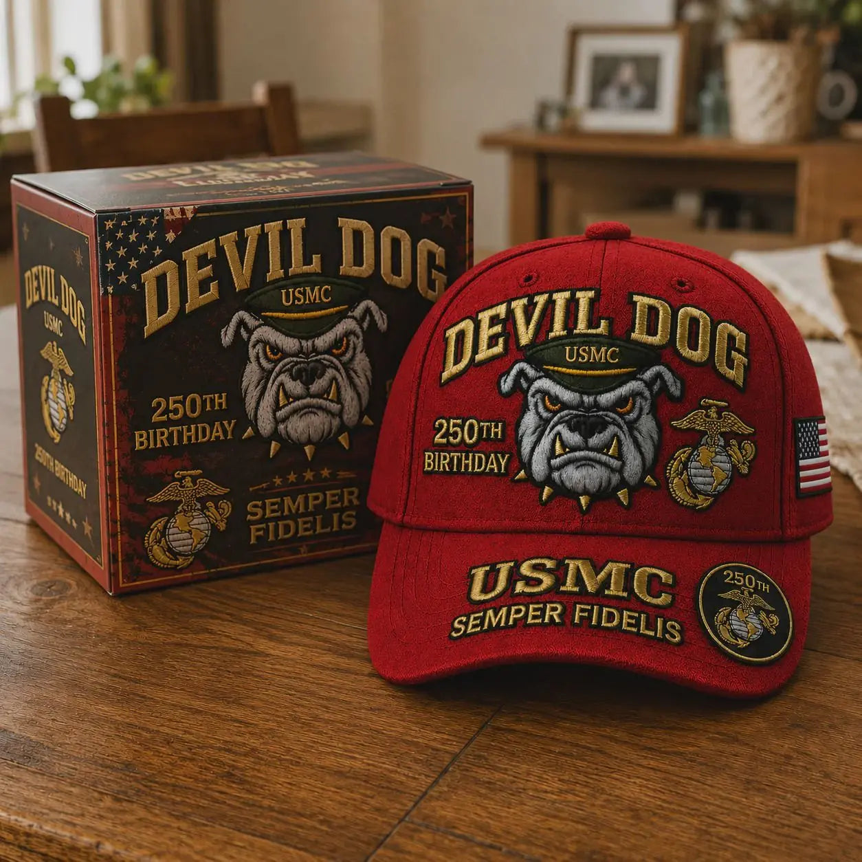 🐶🧢Gorra de béisbol "Devil Dog" del 250 aniversario del Cuerpo de Marines de EE. UU., bordada a mano.