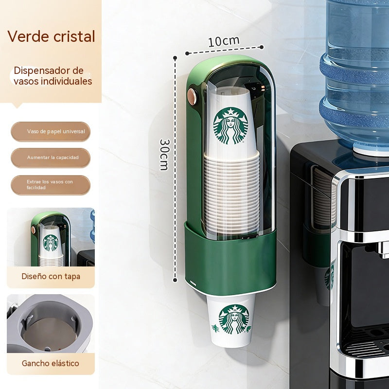 Dispensador de vasos desechables, para montaje en pared en el hogar.