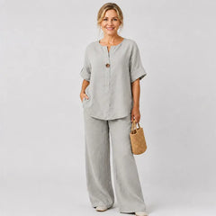 ✨【Top + Pantalones de pierna ancha】🌸【S-3XL】Conjunto de algodón y lino suave, ligero y de corte holgado, ideal para cualquier ocasión 👚