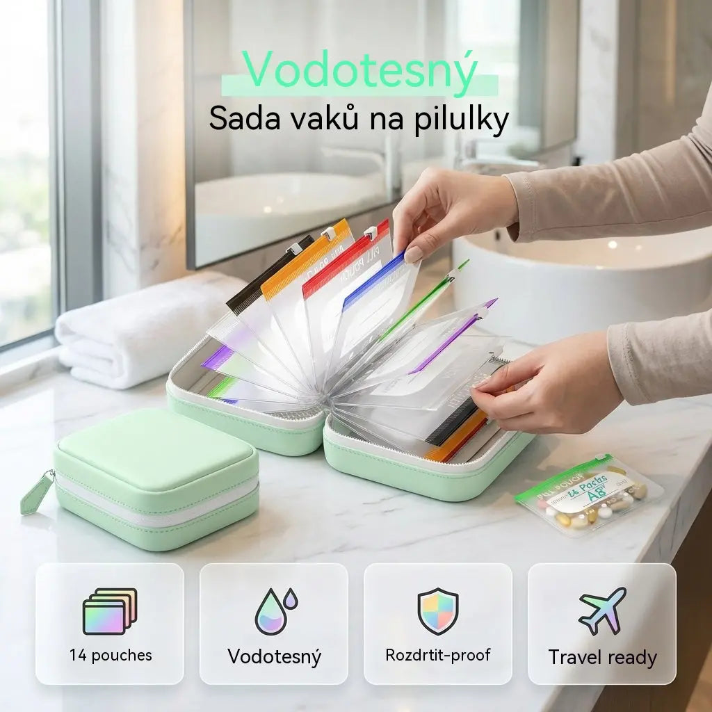 (14 stran) 💊 Voděodolný sáček na léky – přenosný sáček na léky a zdravotní potřeby, vhodný na cesty, domů i pro každodenní použití.
