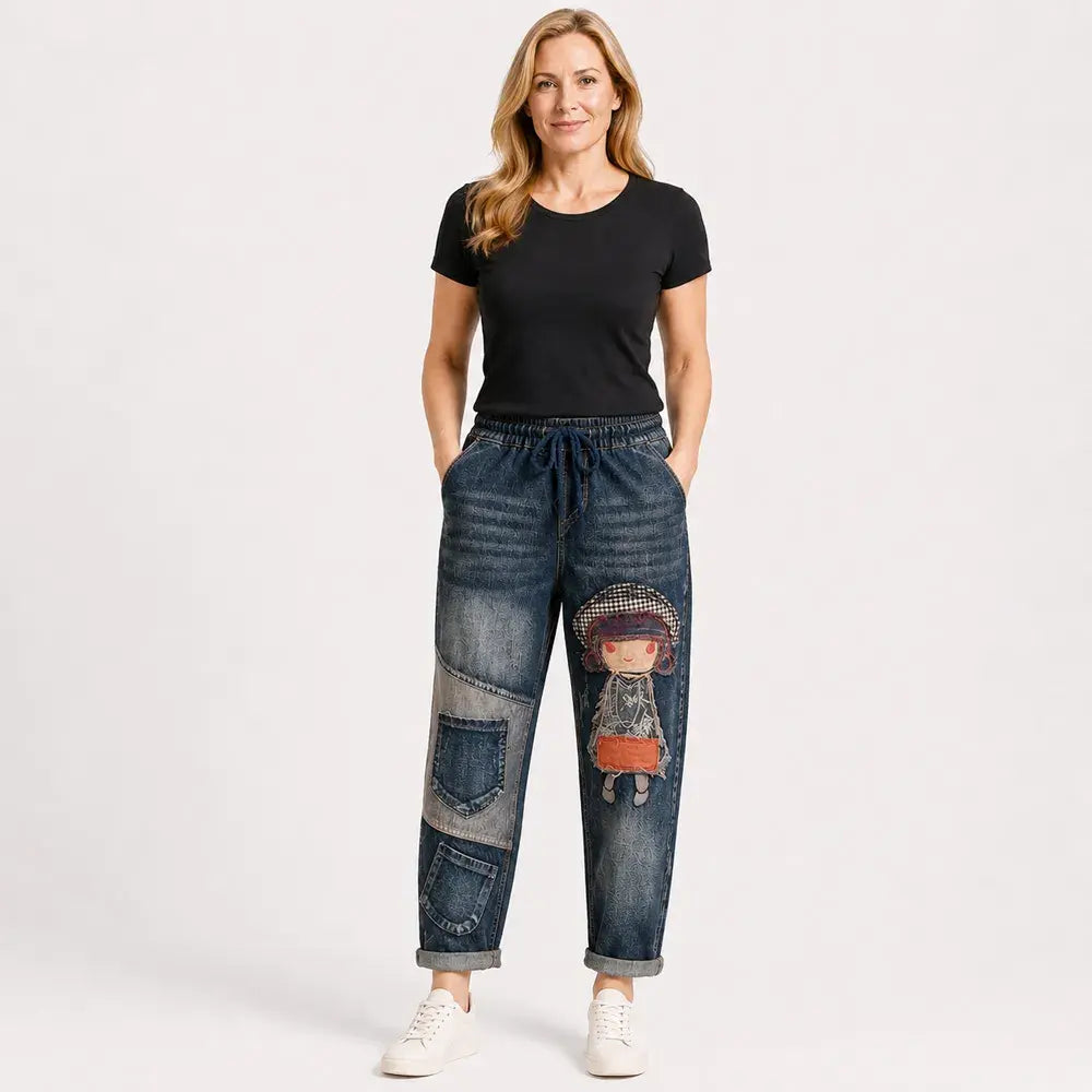 📢50% de descuento【Tallas S-5XL】👖✨🍂Vaqueros retro holgados para mujer con bordados de apliques y cintura elástica: vaqueros harem de estilo único.