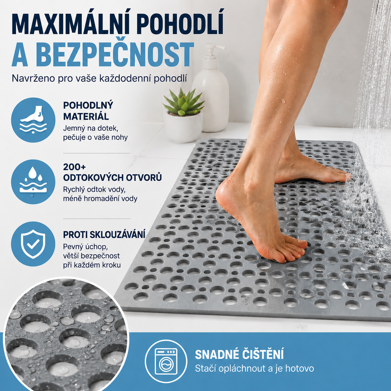 🛁【70x38cm】Protiskluzová a antibakteriální bezpečnostní sprchová rohož🚿 Účinně zabraňuje pádům a zraněním