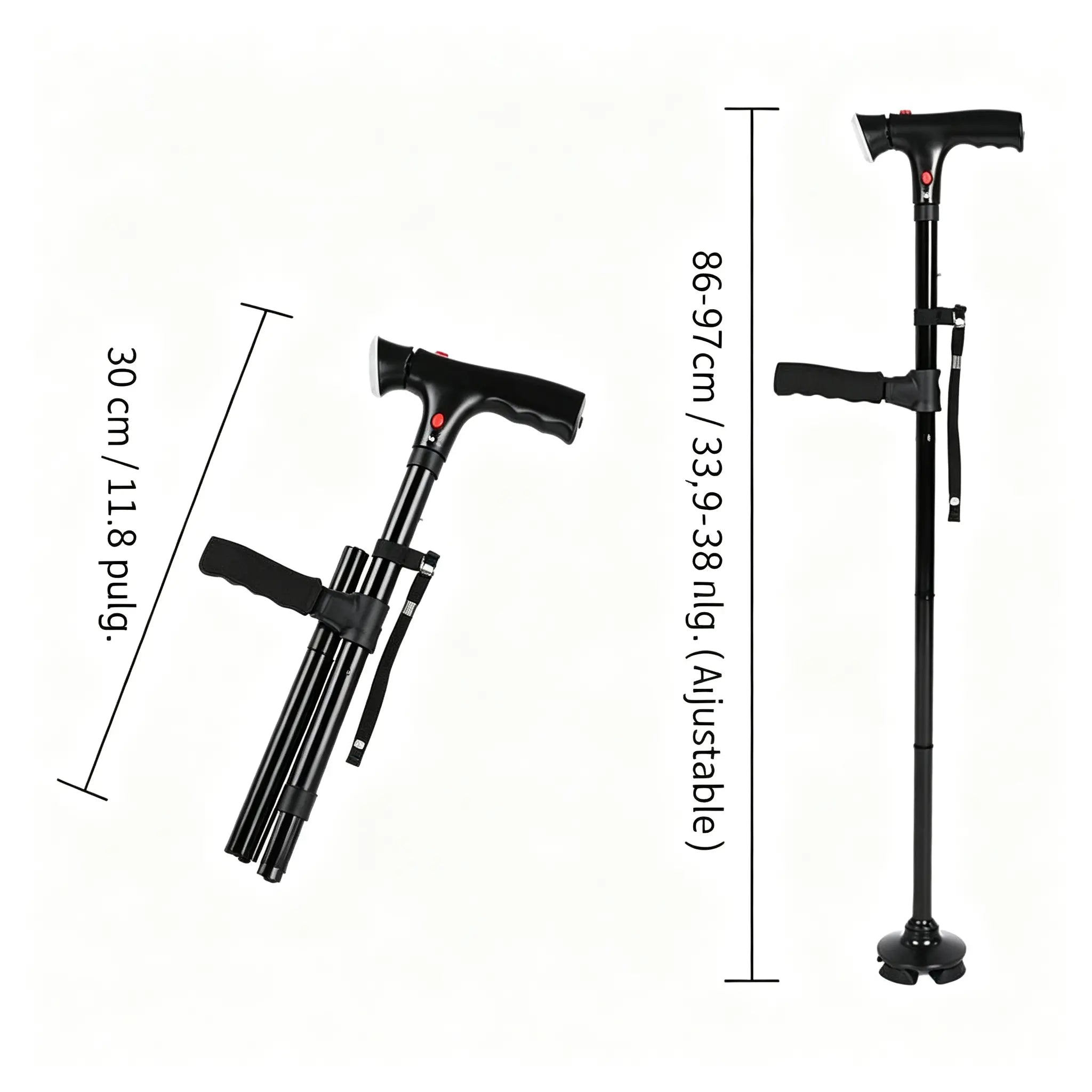 🦯💡 Bastón plegable multifuncional con luz LED y alarma de emergencia – Base cuadrúpeda antideslizante y altura ajustable en 5 niveles ✨