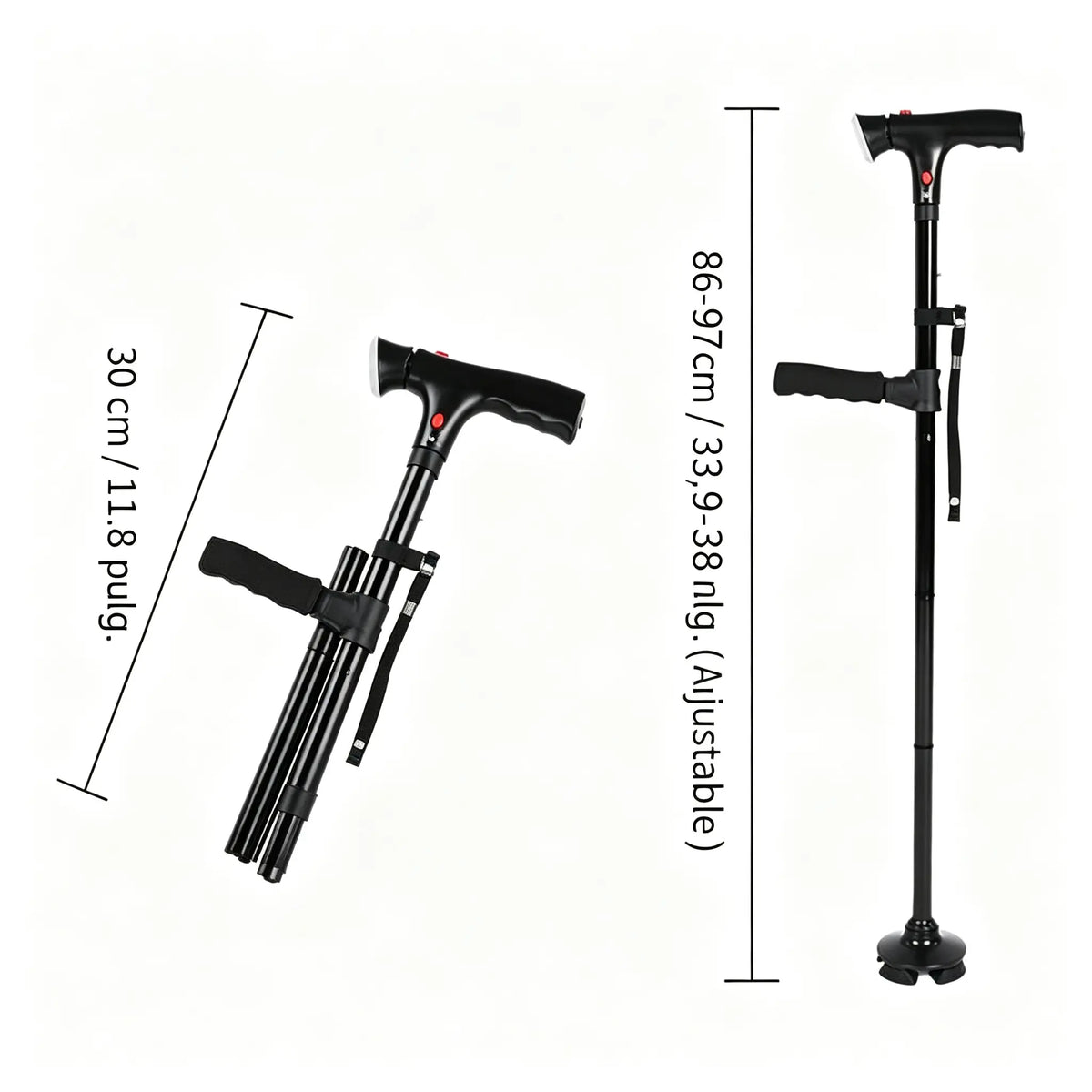 🦯💡 Bastón plegable multifuncional con luz LED y alarma de emergencia – Base cuadrúpeda antideslizante y altura ajustable en 5 niveles ✨