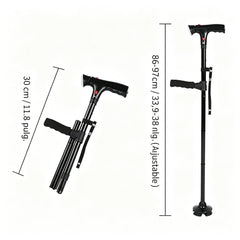 🦯💡 Bastón plegable multifuncional con luz LED y alarma de emergencia – Base cuadrúpeda antideslizante y altura ajustable en 5 niveles ✨