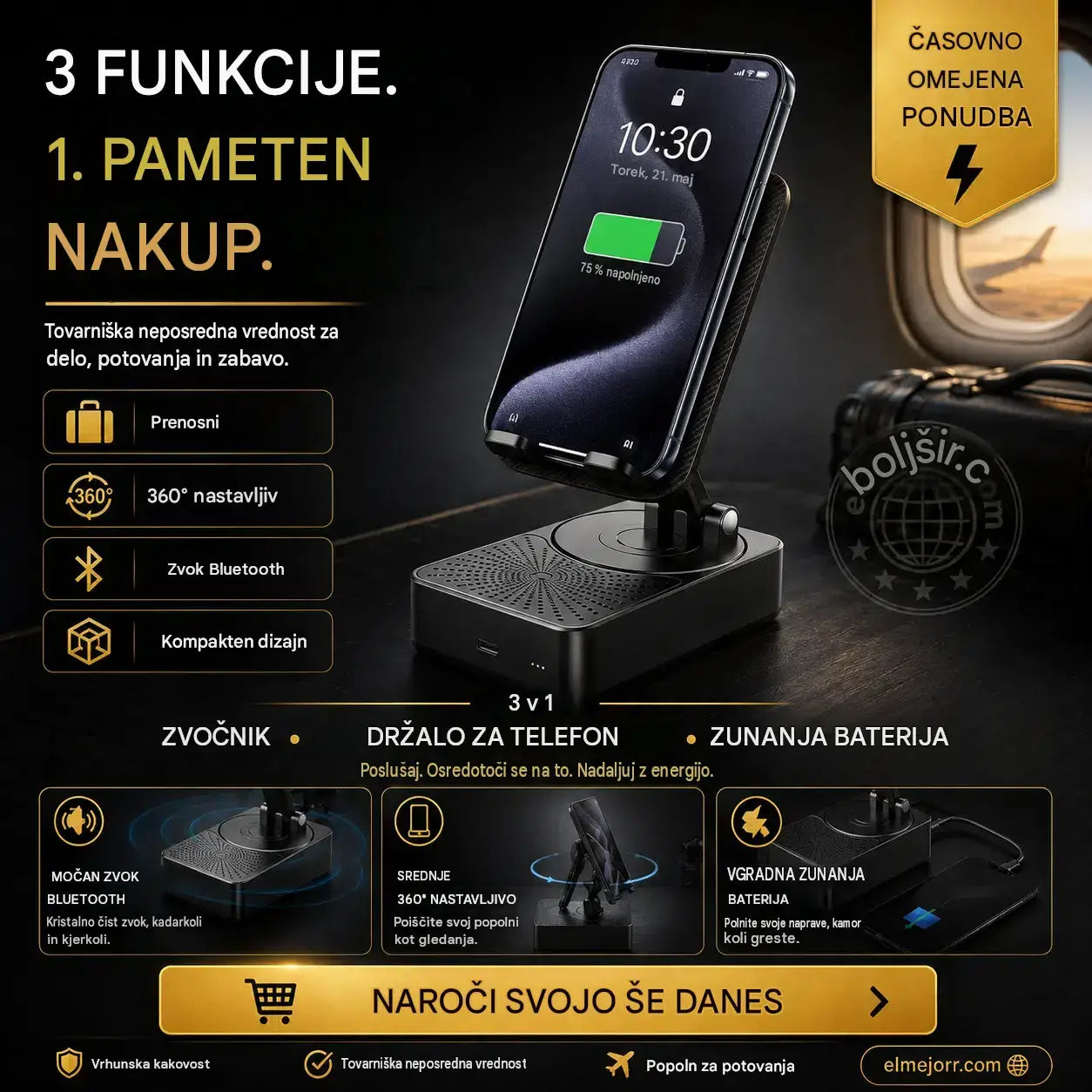 🔥 3 v 1: Bluetooth zvočnik + polnilnik + 360° stojalo za mobilni telefon 📱🔊⚡