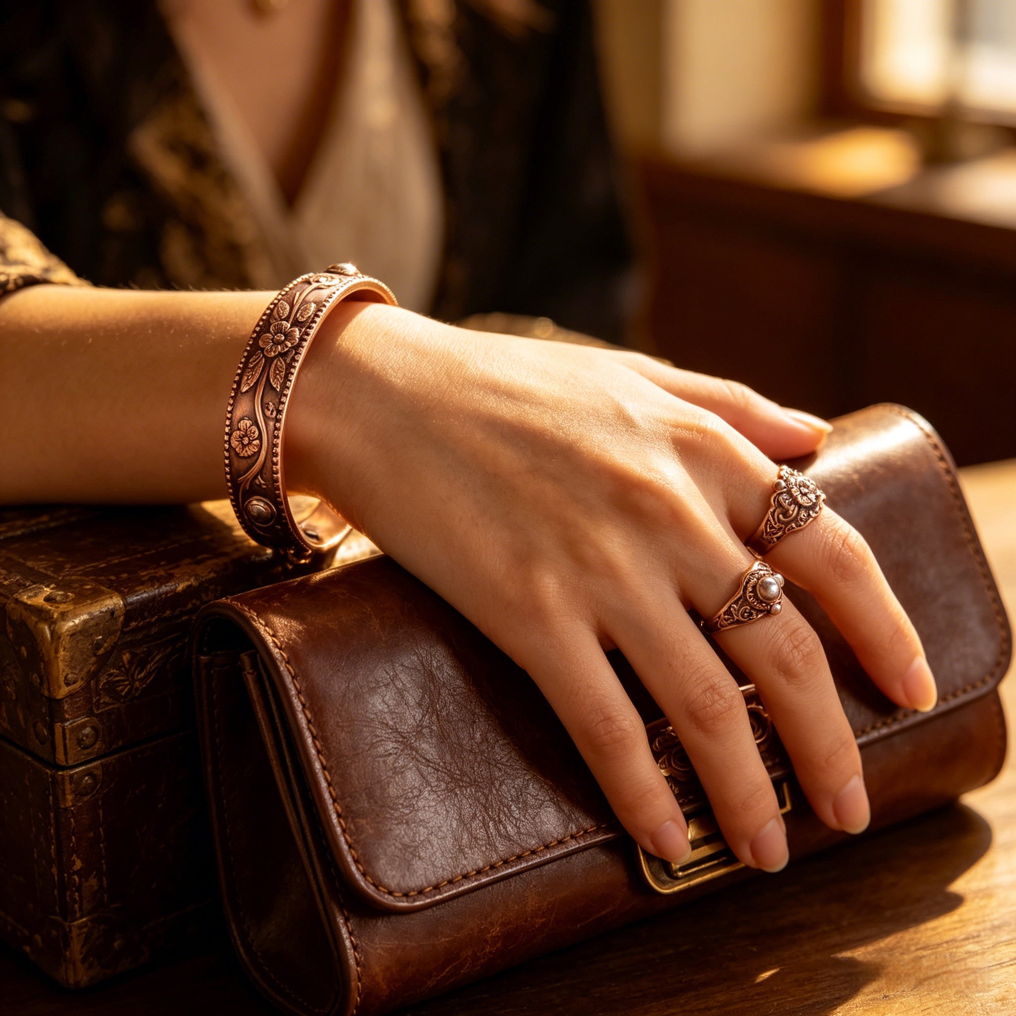 🔥【Pulsera + Anillo】✨Conjunto creativo de pulsera y anillo magnéticos grabados de estilo retro.