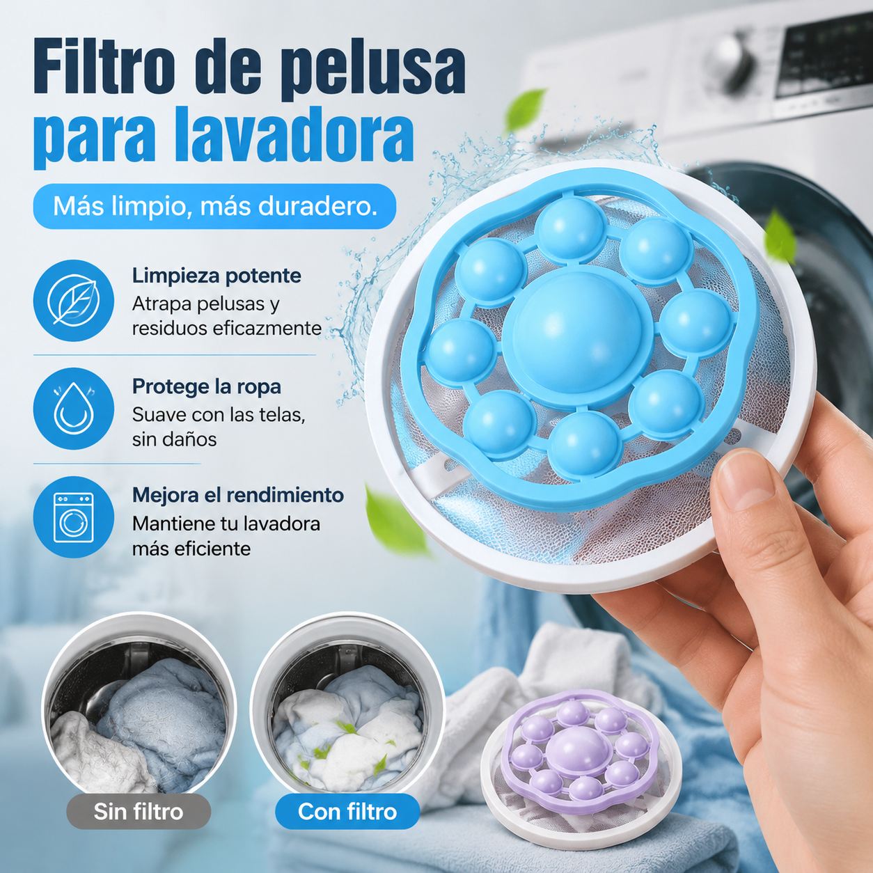 🌀【Compra 3 y llévate 3 gratis, paquete de 6】✨ Quitapelusas para lavadora: filtra eficazmente pelusas, cabello y pelo de mascotas 🧺