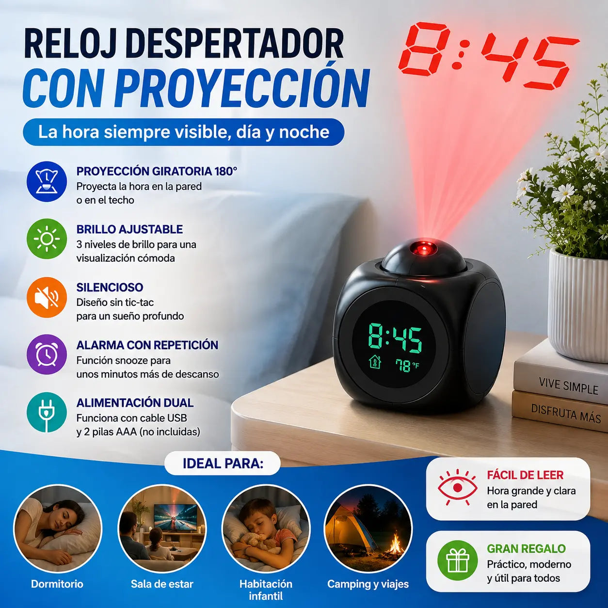 ⏰ Reloj proyector multifunción — hora, alarma, temperatura y clima en tu pared o techo