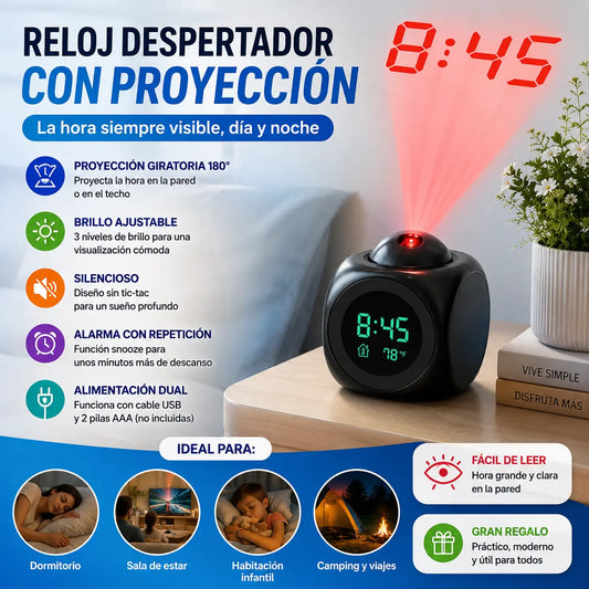 ⏰ Reloj proyector multifunción — hora, alarma, temperatura y clima en tu pared o techo