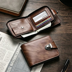 🔥✨Cartera de piel auténtica para hombre: diseño retro con cremallera, compartimento para tarjetas y protección RFID.