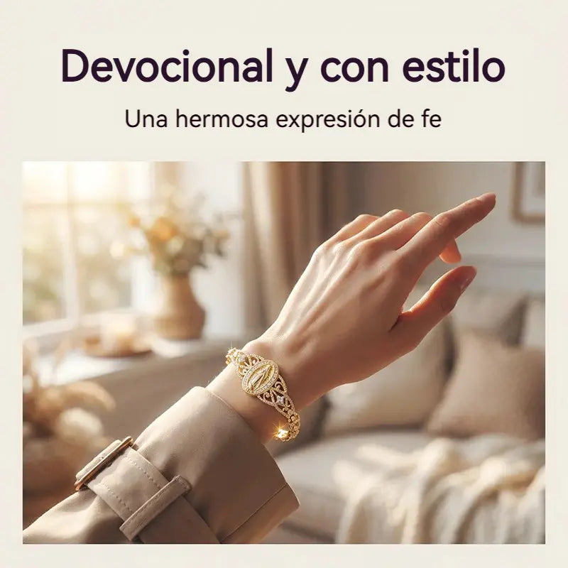 Pulsera de la Virgen María con flores caladas en oro