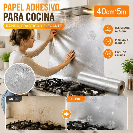 【40cm*5m】🛡️ Lámina Adhesiva de Aluminio Removible – Antigrasa, Resistente al Calor y Fácil de Limpiar