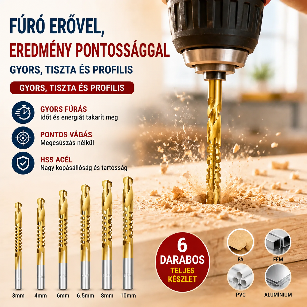 【6 darabos készlet】⚙️ Csigafúró készlet: Nagy sebességű acélból készült, titánbevonatú, és különféle anyagokhoz alkalmas 🧰