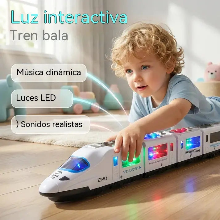 🚄1 piezas 30 euro 🎵 Tren eléctrico de juguete de alta velocidad: se ilumina, cambia de dirección al chocar y reproduce música; luces y sonidos interactivos; navegación inteligente para sortear obstáculos ✨