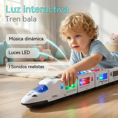 🚄1 piezas 30 euro 🎵 Tren eléctrico de juguete de alta velocidad: se ilumina, cambia de dirección al chocar y reproduce música; luces y sonidos interactivos; navegación inteligente para sortear obstáculos ✨
