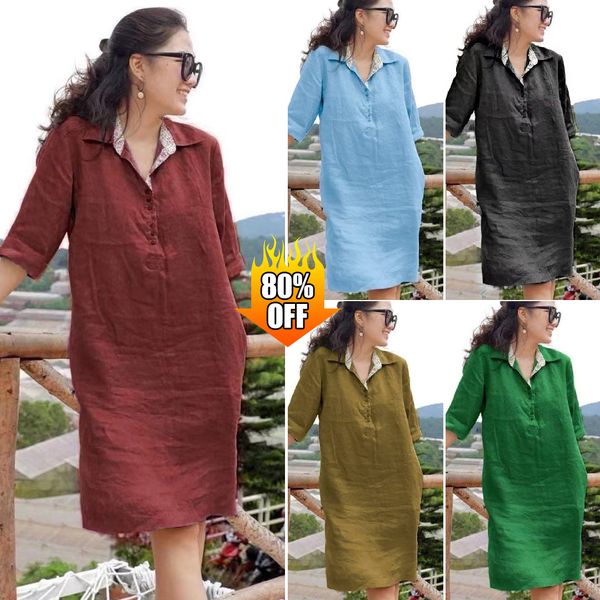 🔥🔥Oferta de tiempo limitado【S-5XL】 2025 nuevo vestido suelto de longitud media con cuello en V de talla grande para mujer de verano