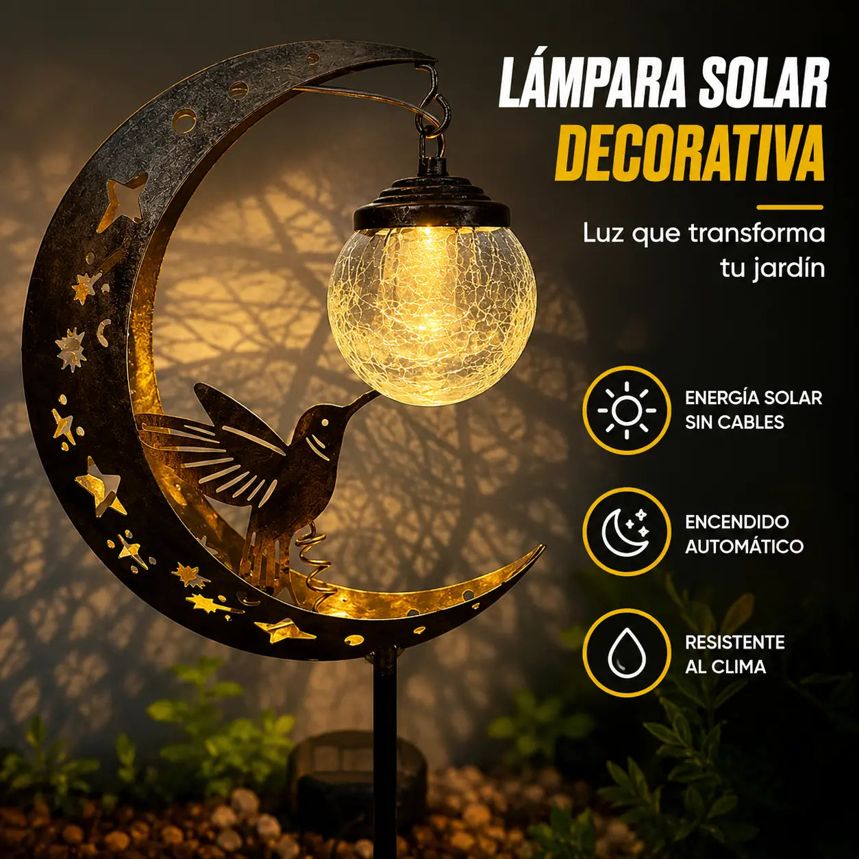 ¡50% de descuento! 🐦🌙 Lámpara solar decorativa para jardín con diseño de colibrí y luna.