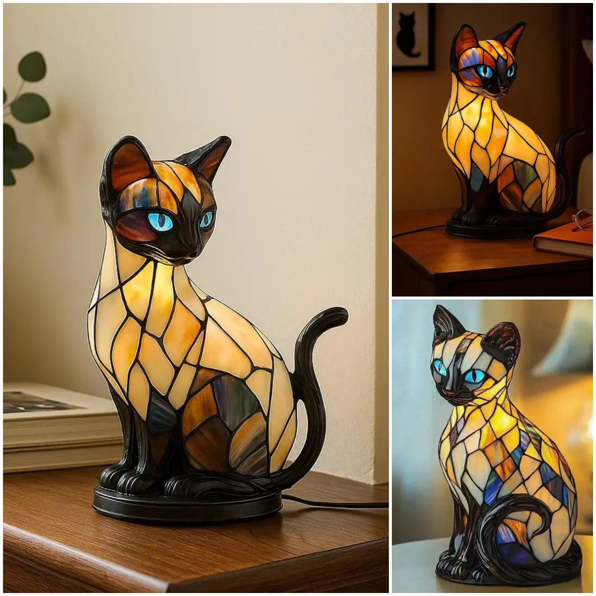 🐱Macska alakú asztali lámpa, retró éjszakai fény színes gyantából, macska témával