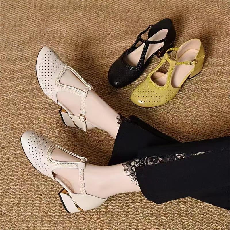 🔥🔥【35-40】Sandalias de verano 2025, tacón grueso, piel suave, ahuecadas y transpirables, nuevo estilo