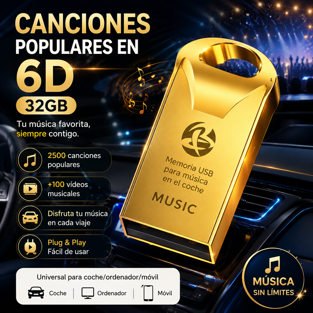 🔥🔥【32 GB】Memoria USB universal de alta calidad para música en coches【2500 canciones populares + 100 vídeos】