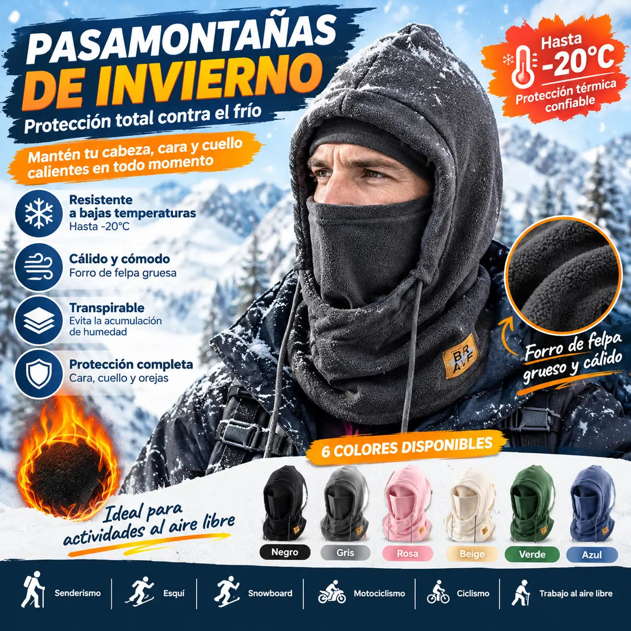 ❄️ Gorro térmico integral con forro polar que te mantiene abrigado hasta -20 grados Celsius. ⛷️ Ideal para esquiar, andar en moto y actividades al aire libre.