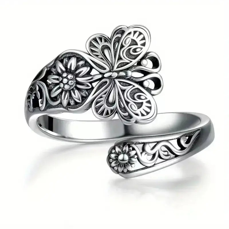 🦋 Anillo Ajustable de Mariposa y Flores Vintage ✨ Anillo Abierto Retro Bohemio, Joyería Moda para Mujer