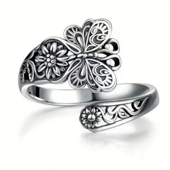 🦋 Anillo Ajustable de Mariposa y Flores Vintage ✨ Anillo Abierto Retro Bohemio, Joyería Moda para Mujer
