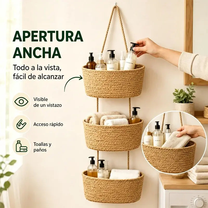 🌿 Cesta de almacenamiento colgante de pared de algodón tejido a mano, con 3 niveles desmontables – Organizador boho para hogar, baño y dormitorio