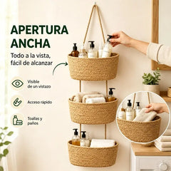 🌿 Cesta de almacenamiento colgante de pared de algodón tejido a mano, con 3 niveles desmontables – Organizador boho para hogar, baño y dormitorio