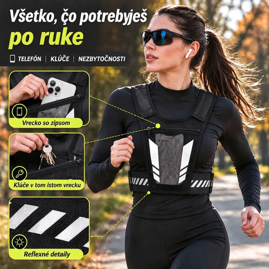🏃 Bežecká a športová vesta s vreckom na hrudi · Vrecko na telefón so zipsom · Zadný držiak na fľašu s vodou · Reflexné prvky pre viditeľnosť v noci · Priedušná sieťovina a nastaviteľné popruhy!