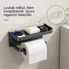 Falra szerelhető WC-papírtartó kiegészítőkkel, masszív talppal, modern fürdőszobai polccal, könnyen felszerelhető, mobiltelefonok és egyéb tárgyak tárolására alkalmas.