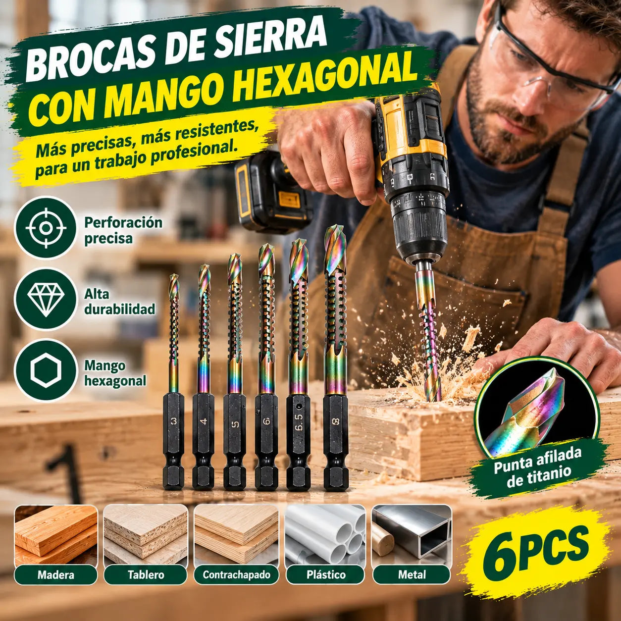 🛠️🔧(6 piezas)Broca helicoidal de acero de alta velocidad con revestimiento de titanio 2 en 1 – Vástago hexagonal, adecuada para taladrar y ranurar madera y metal🔩