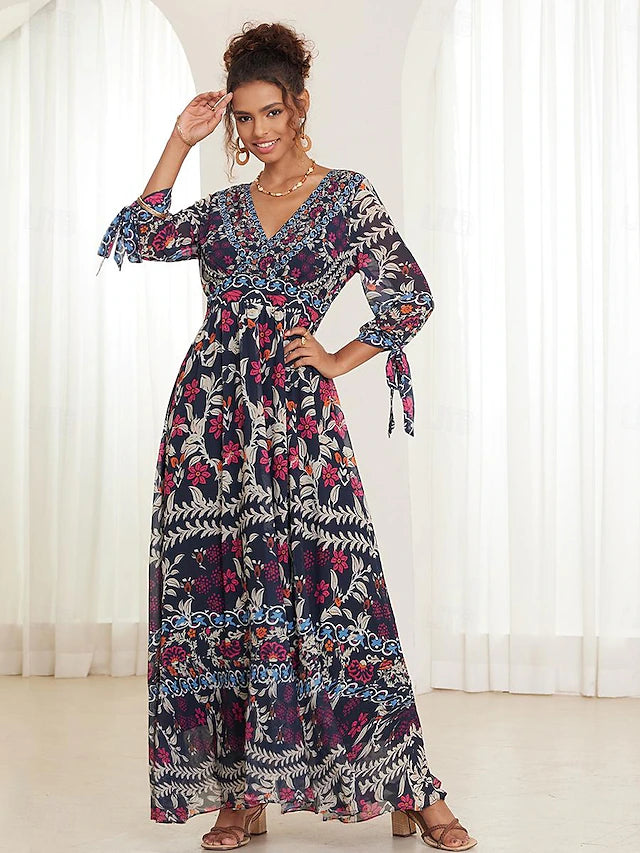 💟【S-5XL】👗Vestido largo con cuello en V y volantes florales para mujer, novedad de verano 2024, estilo bohemio para vacaciones