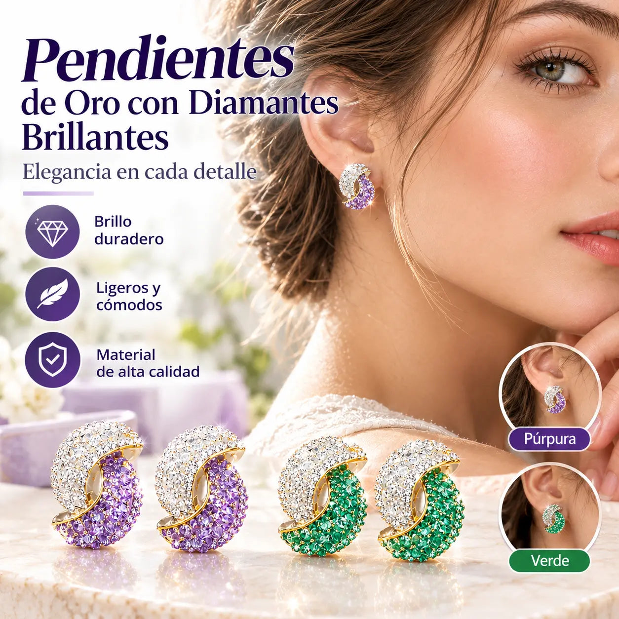 🏆✨Compre 1 y obtenga 1 gratis【2 Pares】Elegantes aretes de oro con diamantes brillantes