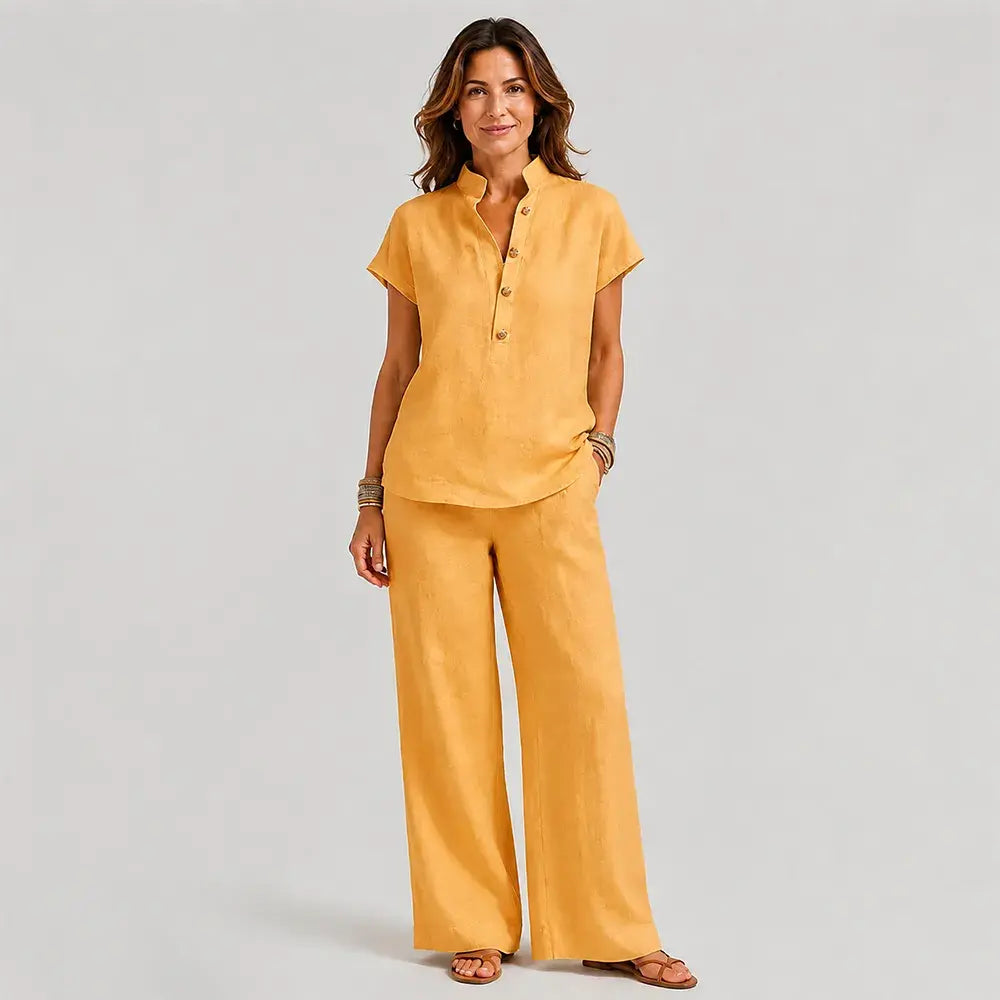 🔥【S-3XL】✨Conjunto de mujer de lino y algodón – blusa de manga corta y pantalón de pierna ancha, estilo casual y elegante de verano