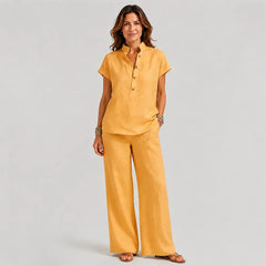 🔥【S-3XL】✨Conjunto de mujer de lino y algodón – blusa de manga corta y pantalón de pierna ancha, estilo casual y elegante de verano