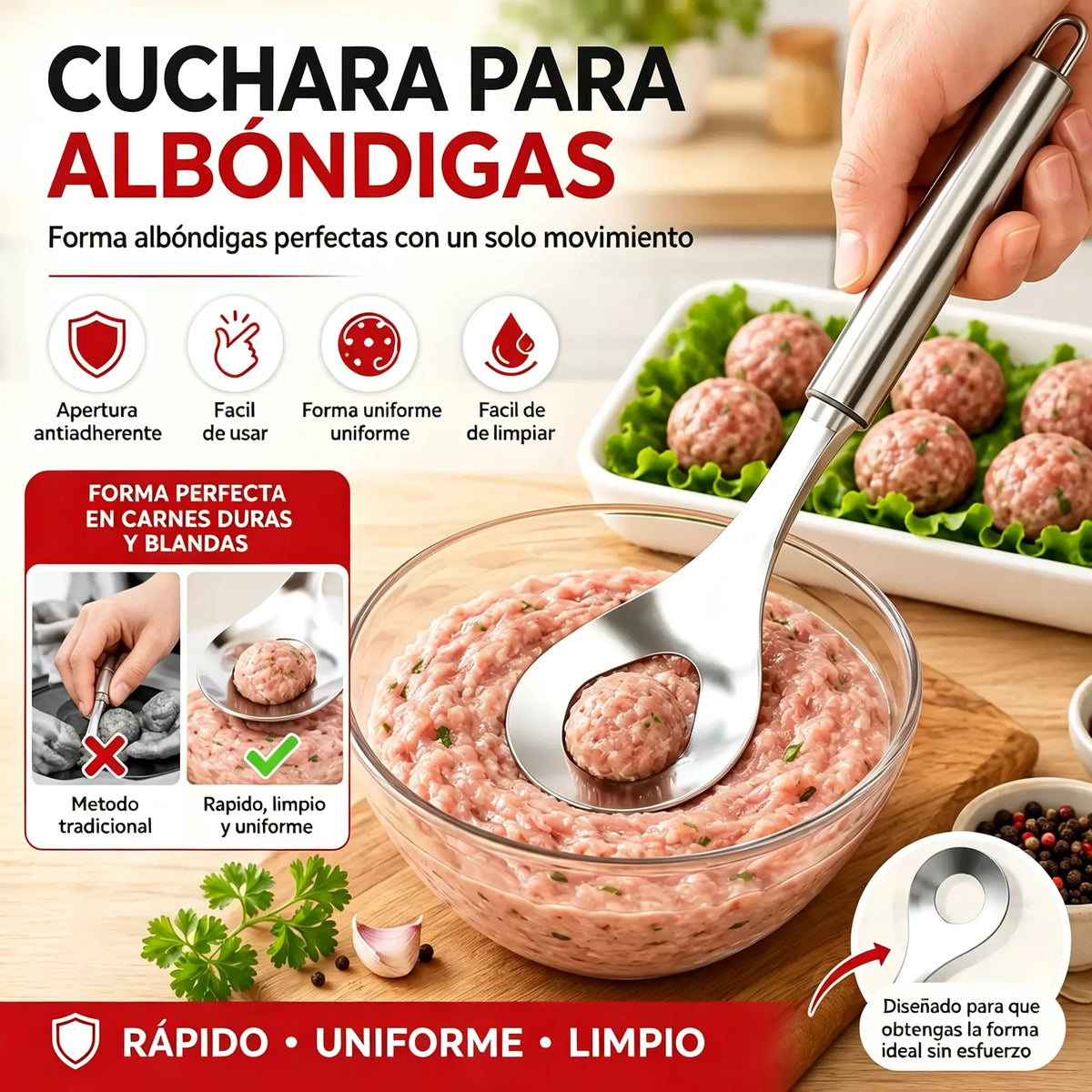 🍖 【2 unidades por 25 euros】Molde para albóndigas de acero inoxidable 304: ideal para hacer albóndigas de carne y pescado, ideal para cocinar en casa 🥄