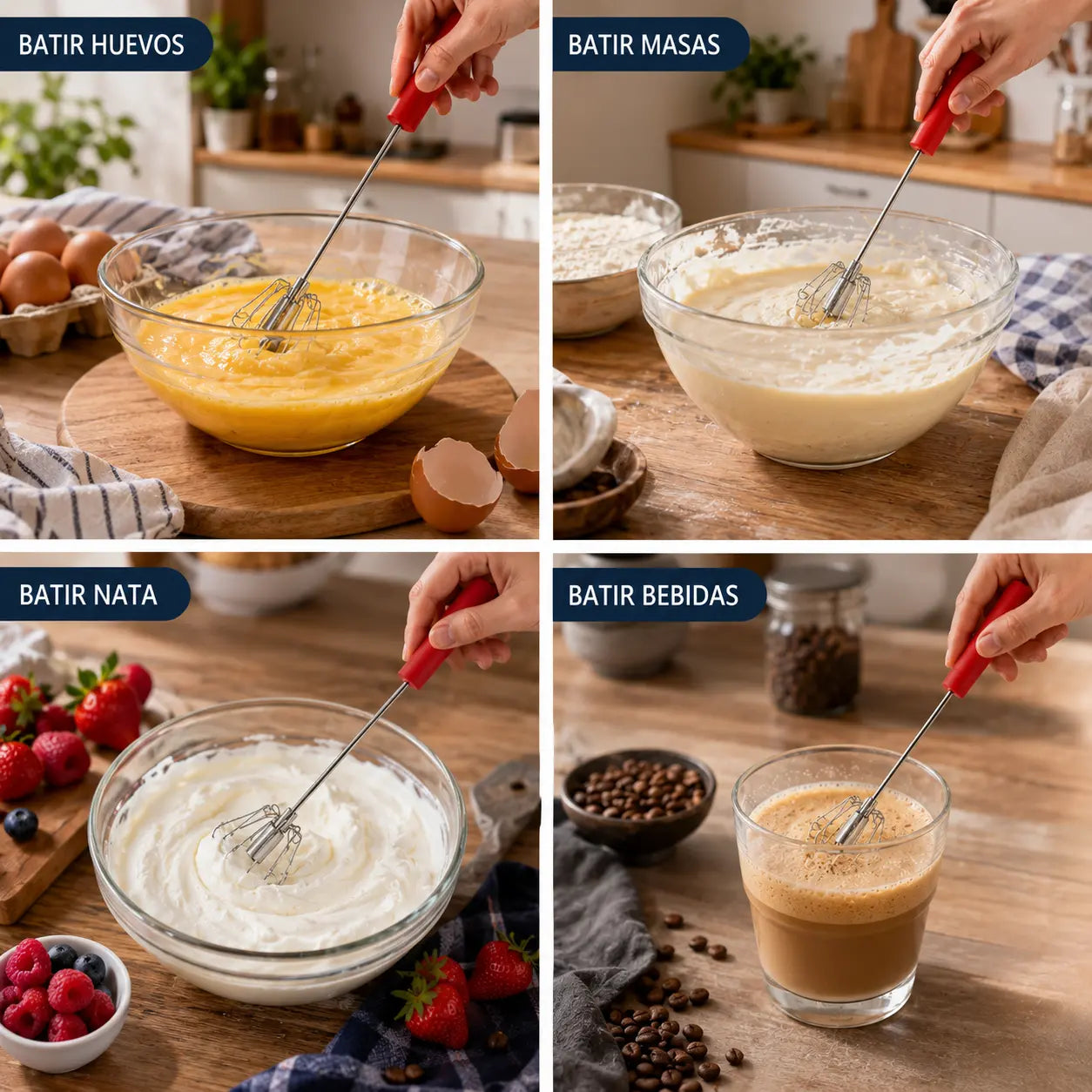 🥳（2 piezas）🥚💪 ¡50% de descuento! Batidor de huevos manual semiautomático: presiona y gira, sin electricidad. Bate huevos y nata en segundos! ✨🧁
