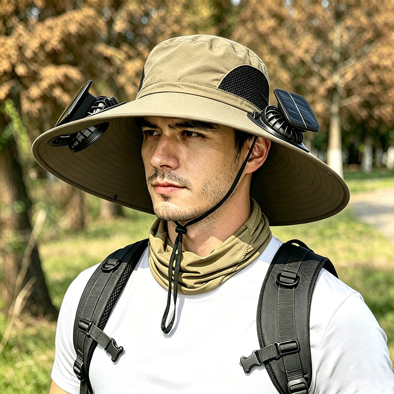 👒Sombrero para el sol con energía solar, doble ventilador, ala ancha transpirable y diseño unisex.