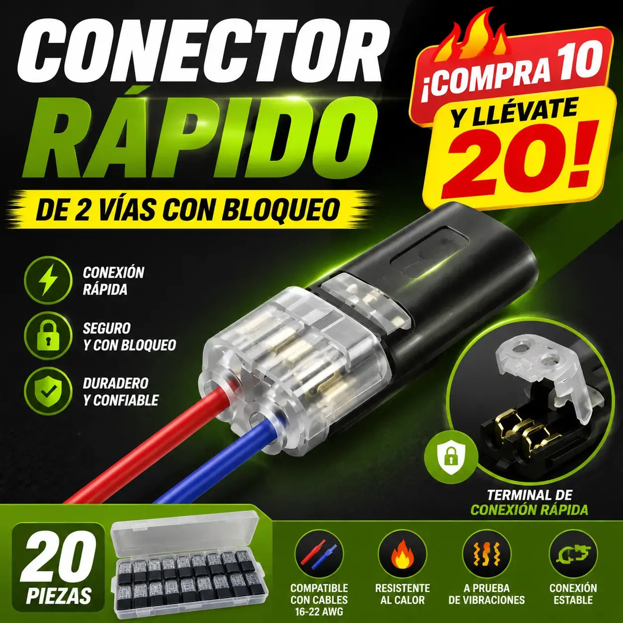 🔥【20 piezas 24 euros】🏆Conector enchufable de doble cable con presilla de bloqueo