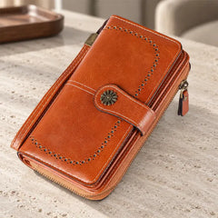 👜 Cartera Vintage de Cuero para Mujer | RFID Antirrobo, Cremallera y Botón a Presión | Larga y Espaciosa 💼