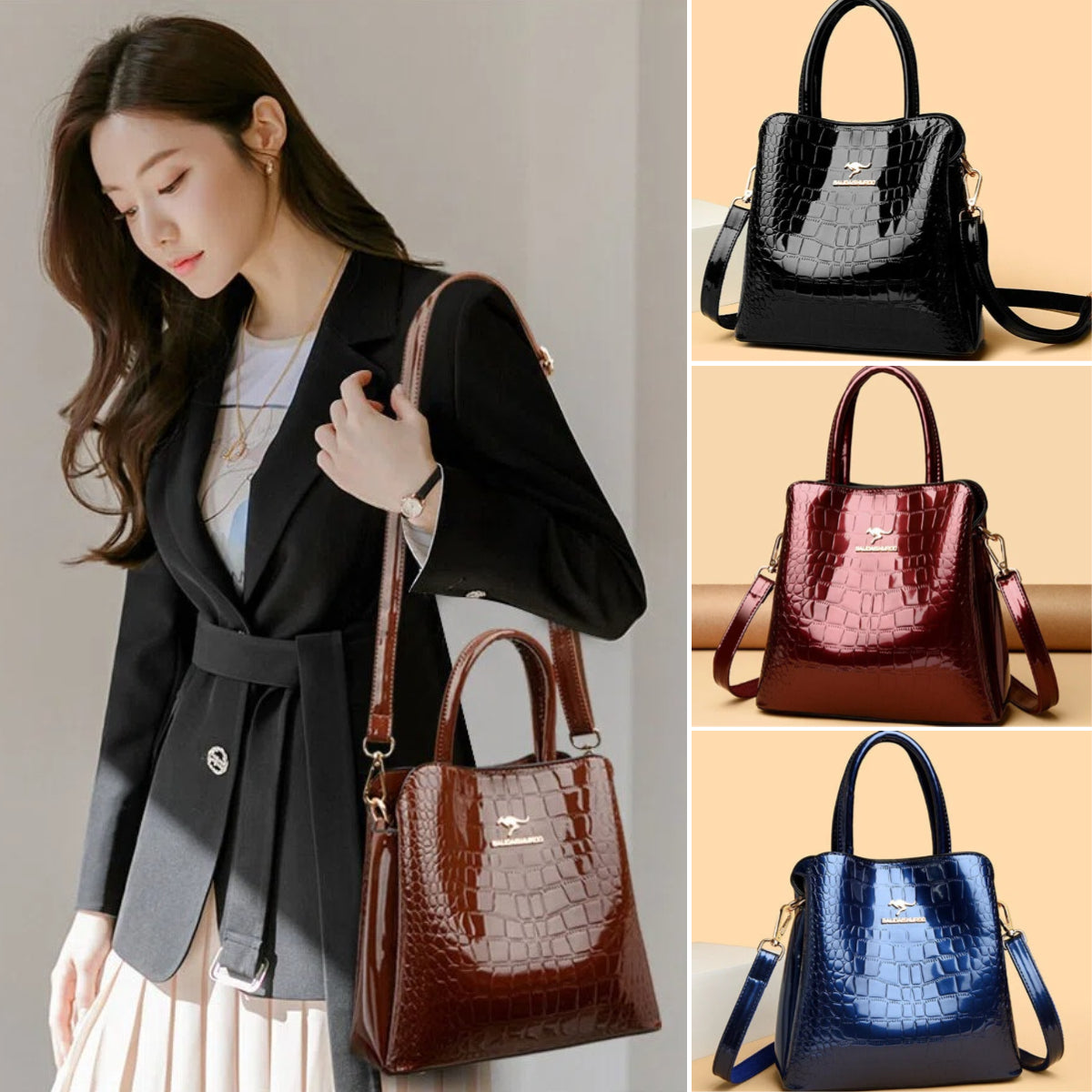 👜 ¡TIEMPO LIMITADO: 50% DE DESCUENTO! ✨ Bolso de mano brillante para mujer con estampado de cocodrilo: estructurado, detalles dorados, espacioso y elegante 💼