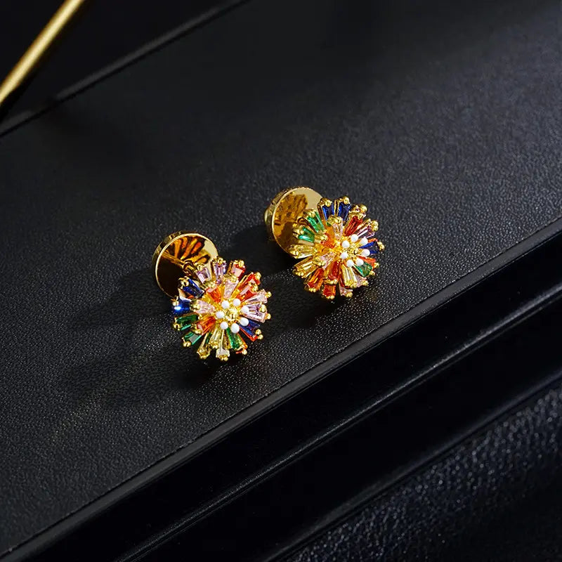 ✨ ✨ Pendientes de botón con diseño de fuegos artificiales de colores – Circonita cúbica, chapados en oro de 18 quilates, festivos 🎆