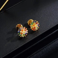 ✨ ✨ Pendientes de botón con diseño de fuegos artificiales de colores – Circonita cúbica, chapados en oro de 18 quilates, festivos 🎆