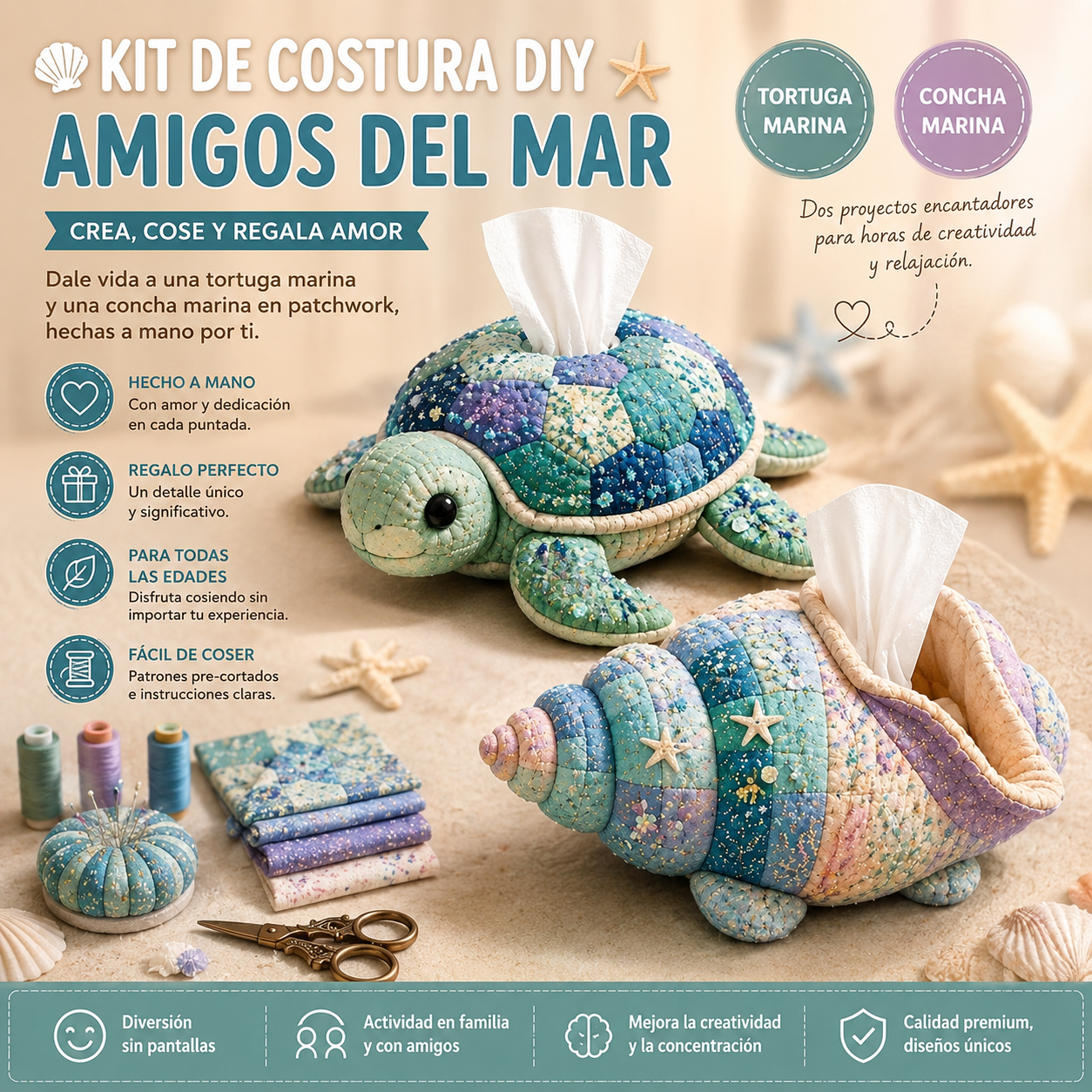 🧵✨ Kit DIY para caja de pañuelos de patchwork – set de costura artesanal con temática marina 🌊🐚