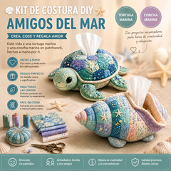 🧵✨ Kit DIY para caja de pañuelos de patchwork – set de costura artesanal con temática marina 🌊🐚