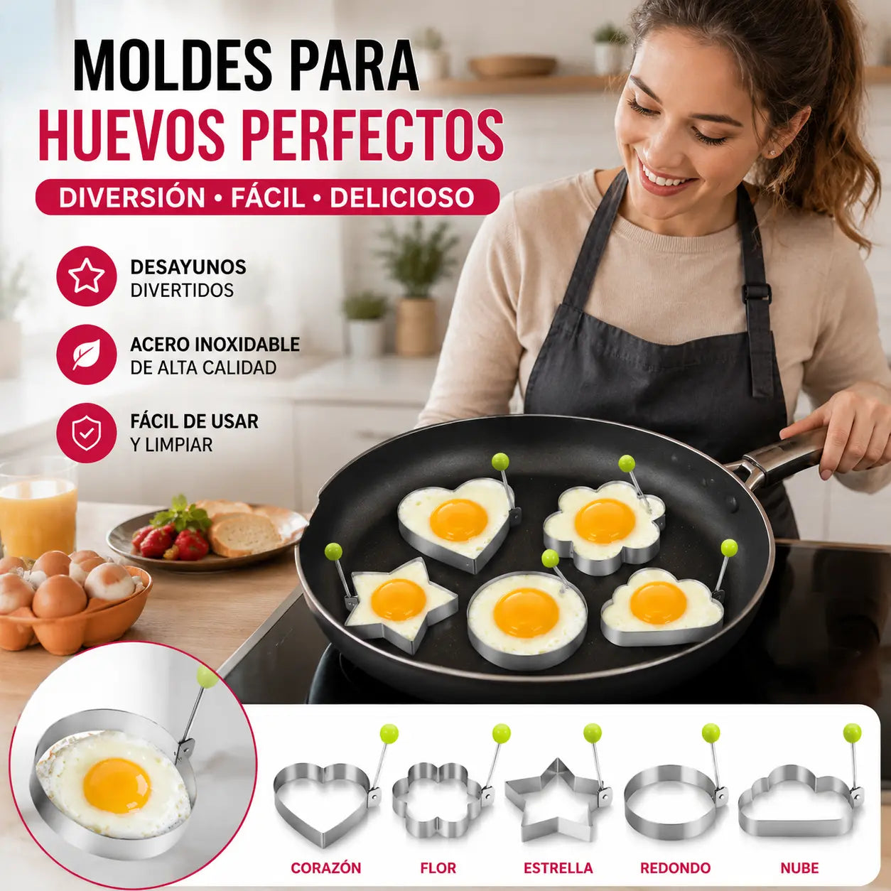 Juego de 5 piezas  🍳🍳🔥 Precio especial de gran venta - Molde para huevos de acero inoxidable